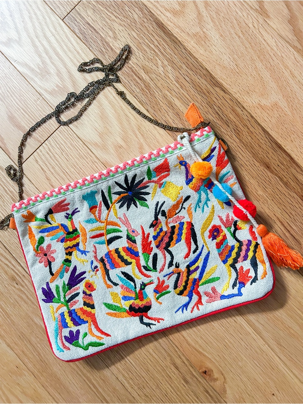 Steve Madden Embroidered Boho Crossbody Clutch w/ Tassels & Pom Poms
